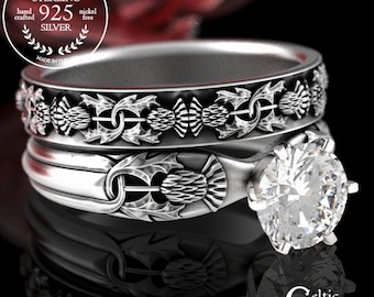 Sterling Thistle Engagement Ring Set, Moissanite Solitaire Ring, Scottish Matching Engagement, Silver Irish Bridal Wedding Rings, 1894 1771