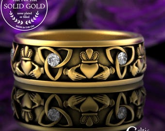 10K Gold Claddagh Wedding Ring, Moissanite Gold Mens Claddagh Wedding Band, 14K 18K Handfasting Ring, Scottish Gold Wedding Band, 3079