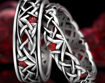 Matching Wedding Band Set, Sterling + Ruby Wedding Rings, Wedding Ring Set, His Hers Ruby Wedding Ring Set, Celtic Rings, 1505 1506