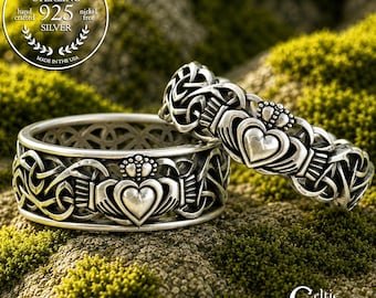 Matching Sterling Claddagh Ring Set, Silver Scottish Bride Groom Wedding Rings, His Hers Traditional Welsh Cladach Wedding Bands, 3236 3237