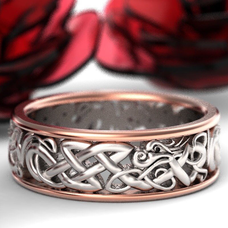 10K 2Tone Gold Celtic Dragon Ring, Womens Wedding Band, Mens Wedding