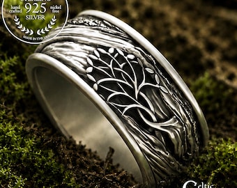 Mens Silver Tree of Life Ring, Sterling Tree Ring, Tree of Life Wedding Band, Celtic Men's Wedding Band, Wide Irish Tree Bark Ring, 3157