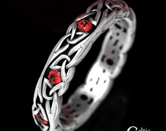 Delicate Silver Wedding Ring, Ruby Wedding Band, Sterling Silver Celtic Wedding Band, Narrow Wedding Ring, Celtic Knotwork Ring, 1467