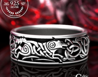 Sterling Silver Nordic Wolf Ring, Silver Wolfkin Weave Wedding Ring, Faoladh Handfasting Band, Silver Norse Viking Dire Wolves Band,  1298