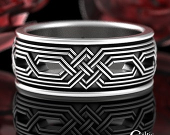 Mens Viking Ring, Sterling Celtic Wedding Band, Mens Irish Braided Ring, Celtic Knotwork Wedding Ring, Silver Geometric Design Ring, 4326