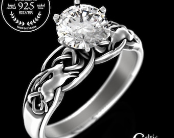 Celtic Rabbit Engagement Ring, Moissanite Sterling Silver Bunny Wedding Ring, Irish Rabbit Solitaire Ring, Bride's Rabbit Proposal Ring 3072