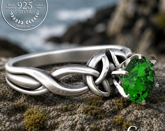 Sterling Emerald Celtic Bride Ring, Silver Sapphire Trinity Engagement, Amethyst Irish Solitaire, Prong Ruby Knotwork Wedding Ring, 1982
