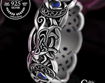 Sapphire Cat & Stars Ring, Sterling Magical Moonlight Ring, Silver Celtic Kitten Ring, Kitty Cat Wedding Band, Wiccan Ring for Woman, 3259