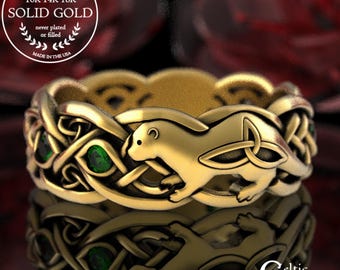 Emerald Gold Otter Wedding Ring, 10K Irish Otter Ring, 14K Celtic Otter Wedding Band, Gold Infinity Wedding Ring, Women's Otter Ring, 3025
