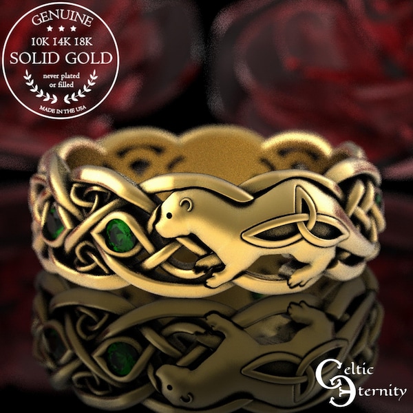 Emerald Gold Otter Wedding Ring, 10K Irish Otter Ring, 14K Celtic Otter Wedding Band, Gold Infinity Wedding Ring, Women's Otter Ring, 3025