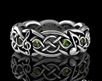 Womens Peridot Musical Wedding Ring, Celtic Music Note Ring, Sterling Musician Wedding Band, Music Lover Ring, Irish Rock Band Wedding, 1714
