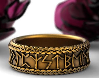 Gold Or Platinum Nordic Sacred Runes Ring, Runic Glyphs Wedding Band, Odins Letters Sacred Union Ring, Norse Viking Handfasting Ring, 1791