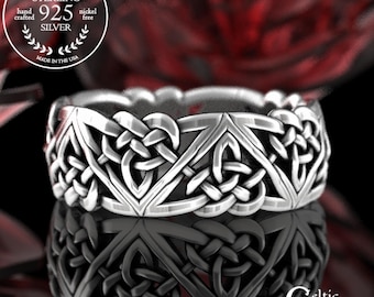 Sterling Silver Celtic Wedding Band, Celtic Knot Ring, Heart Wedding Ring, Silver Heart Ring, Mens Wide Band, Unique Wedding Ring, 1105