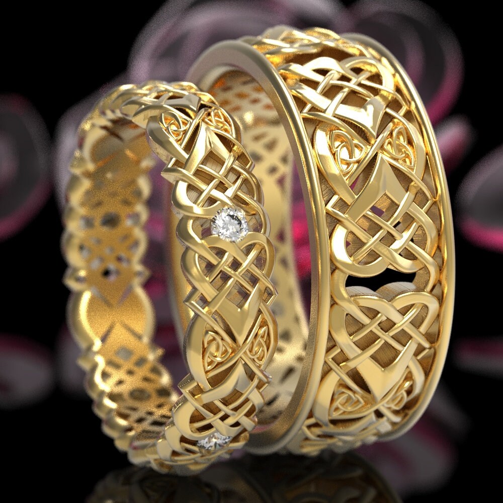 Celtic Heart Knot Wedding Set Gold Lovers Knot Ring Set | Etsy