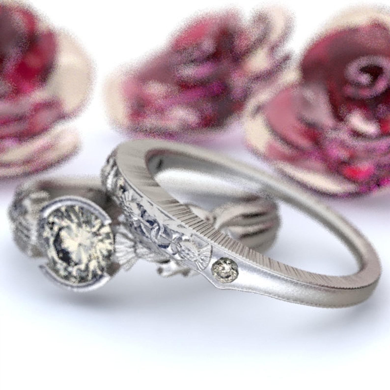 Scottish Engagement Ring, Thistle Engagement Set, Moissanite Engagement
