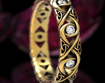 Celtic Moissanite Wedding Ring With Infinity Knots, Celtic Knot Ring, Trinity Knot Ring, Gold Eternity Ring 10K 14K 18K Gold Platinum 1409