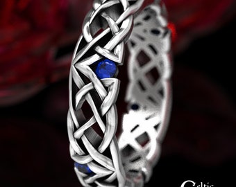 Narrow Wedding Ring, Sapphire Celtic Ring, Sterling Silver Wedding Ring, Unique Wedding Band, Thin Silver Wedding Band, Knotwork Ring, 1505