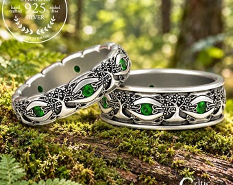 Matching Tree of Life Wedding Rings, Sterling His Hers Yggdrasil Rings, Silver Botanical Celtic Tree Wedding Band Set, Irish Pagan 3191 3192