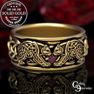 Ruby Bears Wedding Ring, Gold Bear Ring, Celtic Bear Ring, Bear Wedding Band, Ruby Gold Ring, White Gold Mens Wedding Band, 1691