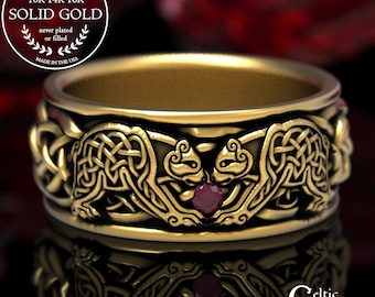 Ruby Bears Wedding Ring, Gold Bear Ring, Celtic Bear Ring, Bear Wedding Band, Ruby Gold Ring, White Gold Mens Wedding Band, 1691