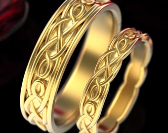 Gold Celtic Knot Wedding Set, Celtic Wedding Bands, Gold Wedding Ring Set, Celtic Knot Wedding Bands, His Hers Rings, 1210 + 1211