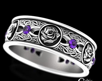 Amethyst Rose Wedding Band, Sterling Irish Rose Wedding Ring, Amethyst Celtic Knot Ring, Silver Scottish Rose Wedding Ring, 3045