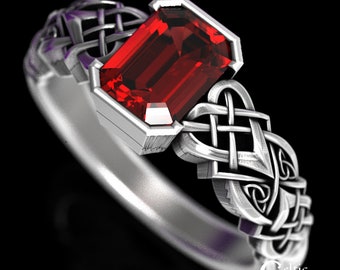 Ruby Emerald-Cut Engagement Ring, Sterling Celtic Emerald-Cut Ring, Emerald Cut Engagement Ring, Engagement Ring with Emerald Cut, 1657