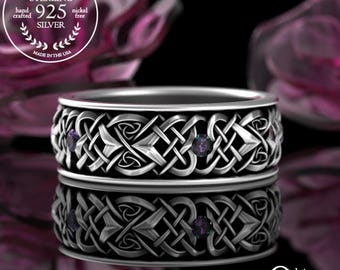 Mens Alexandrite Ring, Sterling Alexandrite Wedding Band, Heart Knot Ring, Alexandrite Irish Wedding Band, Silver Alexandrite Ring, 4015
