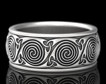 White Gold Celtic Wedding Ring, Mens Wedding Band, 10k 14k 18k Gold Platinum, Spiral Ring, Tribal Wedding Band, Sacred Spiral Ring, 1721