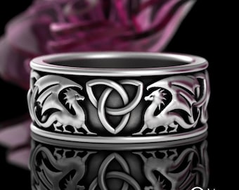 Wide Soulmate Dragons Wedding Band, Sterling Grooms Celtic Dragon Ring, Silver Fantasy Viking Ring for Men, Dragon Wing Trinity Ring, 3066