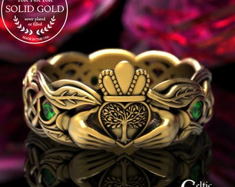Emerald & Gold Tree Claddagh Band, 10K White Gold Irish Botanical Ring, 14K Woven Leaves Handfasting Ring, Gold Scottish Wedding Ring, 2041