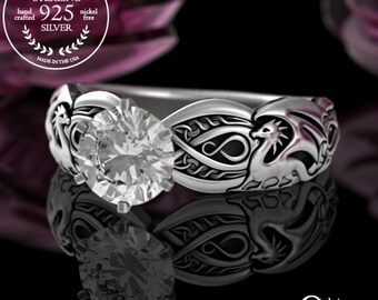 1 Carat Mother of Dragons Solitaire Ring, Sterling Moissanite Dragon Engagement, Womens Bridal Ring, Silver Irish Dragon Wedding Ring, 3185