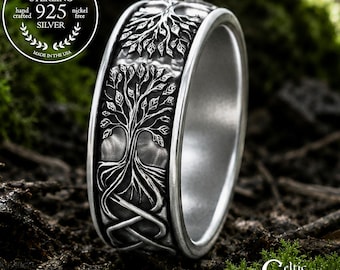 Sterling Groom's Tree of Life Wedding Ring, Silver Norse Yggdrasil Ring, Men's Botanical Forest Band, 925 Silver Scottish Tree Ring, 2036