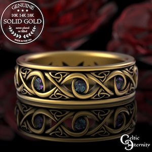 10K Gold Alexandrite Irish Wedding Ring, 14K Gold Alexandrite Celtic Ring, Platinum Alexandrite Groom Band, Mens White Gold Celtic Ring 1410