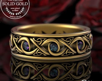 10K Gold Alexandrite Irish Wedding Ring, 14K Gold Alexandrite Celtic Ring, Platinum Alexandrite Groom Band, Mens White Gold Celtic Ring 1410