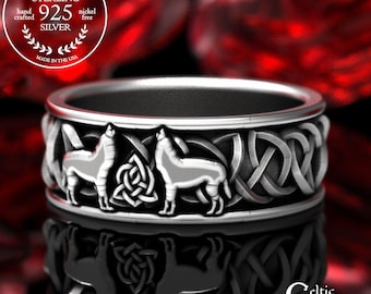 Solid Sterling Silver Celtic Wolf Ring, Wolf Wedding Band, Celtic Mens Wedding band, Mens Wolf Wedding Ring, Silver Wolf Ring, 1705