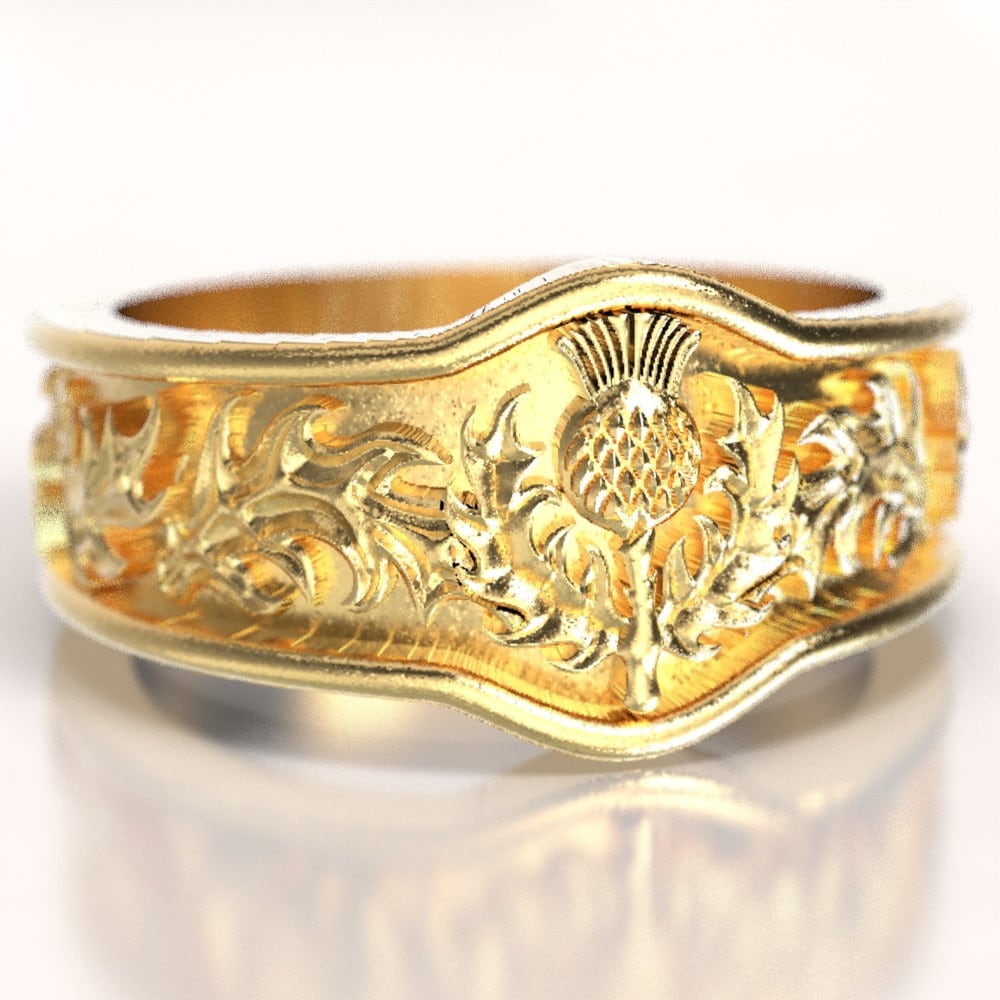 Scottish Gold Thistle Ring with Leaves in Eternity Wedding Ring Design
