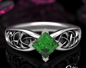 Princess Cut Emerald Solitaire Trinity Knot Ring, Celtic Engagement Ring, Emerald & Sterling Silver Proposal Ring, Irish Bonding Ring, 1427