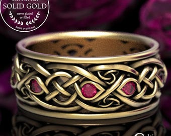 18K Gold Ruby Celtic Infinity Ring, Gold Irish Wedding Band for Groom, 10K White Gold Vow Renewal Ring, Platinum Scottish Rubies Ring, 1096