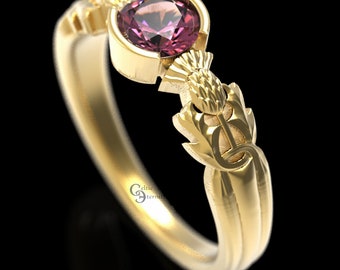 Pink Sapphire Thistle Engagement Ring, 10K 14K or 18K Gold Platinum, Scottish Solitare, Floral Wedding, Thistle Ring, Handcrafted Rings 1774