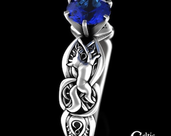 Fox Engagement Ring, Sterling & Sapphire Fox Celtic Ring, Silver Irish Solitaire Wedding Ring, Silver Fox Ring, Irish Wedding Ring, 3071