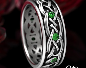 Emerald & Sterling Irish Wedding Ring, Sterling Silver Celtic Knotwork Ring, Silver Irish Emerald Ring, Emerald Celtic Wedding Band, 1900