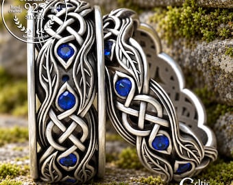 Sapphire Celtic Botanical Wedding Band, Matching Silver Leaves Ring Set, His Hers Handfasting, Scottish Nature Wedding Rings, 1964 1963