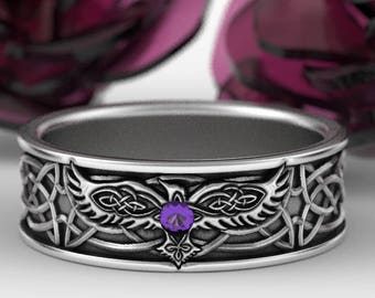 Sterling Silver Raven Ring, Amethyst Silver Ring, Mens Celtic Ring, Bird Wedding Band, Celtic Raven Ring, Mens Wedding Ring, 1164