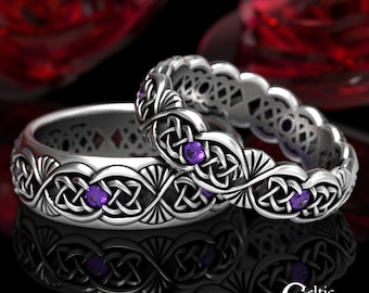 Matching Amethyst Wedding Band, Matching Sterling Silver Ring Set, His Hers Celtic Wedding Rings, Amethyst & Sterling Ring Set, 1579 1580