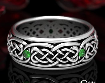 Emerald & Silver Wedding Band, Modern Celtic Wedding Band, Mens Celtic Ring, Sterling Silver Mens Ring, Mens Celtic Wedding Band, 1584
