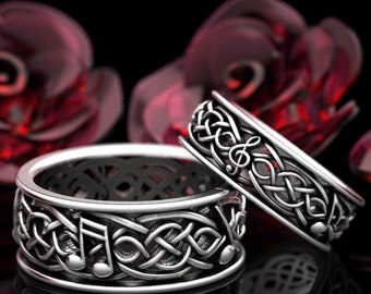 Sterling Silver Musical Celtic Wedding Ring Set, Harmony Symbol Pattern, Music Notes Ring, Musical Ring Set, Matching Wedding Bands, 1715