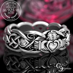 Anillo nupcial de moissanita y plata de ley, anillo de plata con nudo Claddagh infinito, anillo de compromiso de diamantes para mujer, anillo de renovación de votos sagrados, 1684