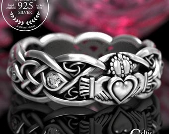 Moissanite & Sterling Bridal Ring, Silver Infinity Claddagh Knotwork Ring, Diamond Woman Handfasting Ring, Sacred Vow Renewal Ring, 1684