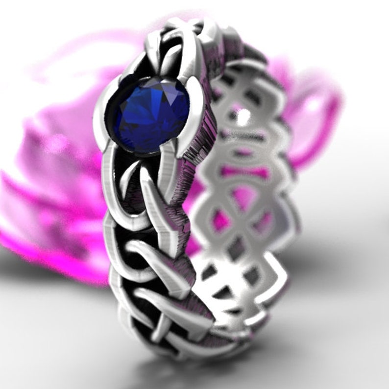Made in Your Size Cr-1066c Celtic Cut-Through Quaternary Knot Design Ring Sapphire in Sterling SIlver or Palladium 10K 14K 18K Platinum